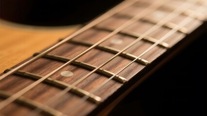 Close-up of a Guitar Neck with Strings and Frets
