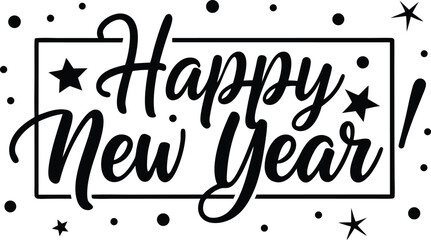 Elegant Happy New Year Greeting with Stars and Confetti in Black and White