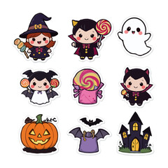 Cute Halloween Cartoon Sticker Set – Witch, Vampire, Ghost, Pumpkin, Bat, Candy, and Haunted House