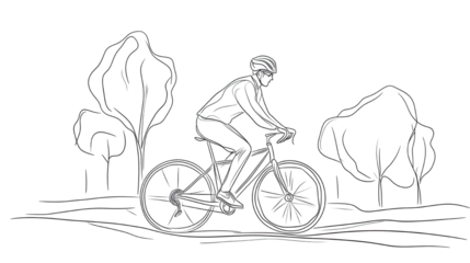 Minimalist single continuous line drawing of man enjoying cycling on bicycle as modern sketch artwork for sport fitness and healthy lifestyle design isolated on white background