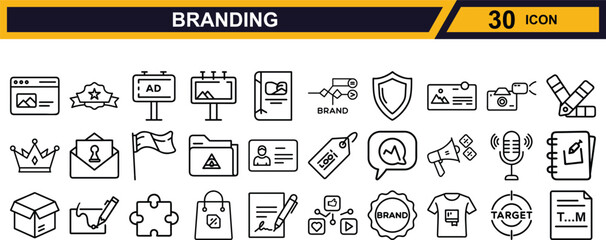Vector art of assortment of branding and marketing icons isolated on white background