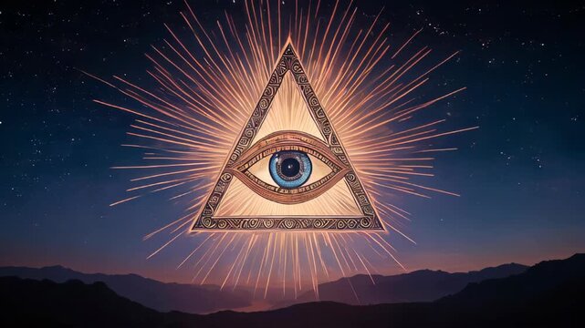 Mystical golden eye inside a glowing triangle radiates powerful energy, symbolizing enlightenment, divine vision, cosmic awareness, secret knowledge, higher consciousness, and spiritual awakening	