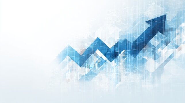 Blue arrow pointing upward on white background representing financial growth, market success, and positive business development trajectory