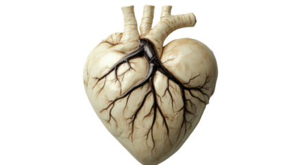 Smooth ivory toned anatomical human heart sculpture as medical organ model for artistic decoration and educational display isolated on white background