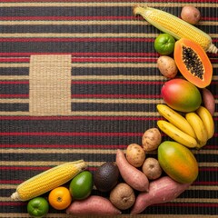 Mazao arrangement of fruits including corn, mango, papaya, bananas, and sweet potatoes on a woven mkeka mat for Kwanzaa celebration