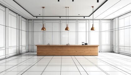 Modern cafe interior design features wooden counter, minimalist furniture against white background with architectural blueprint overlay. Three copper pendant lights hang above counter, creating warm