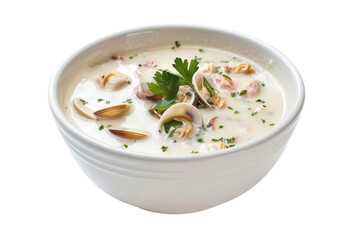 Creamy clam chowder with parsley, seafood, and shellfish in bowl