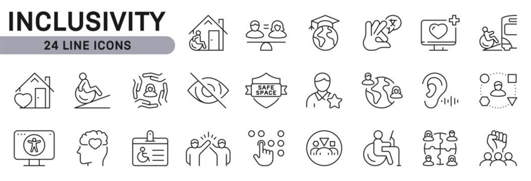 Inclusivity icons set with Accessibility, Equality, Diversity. Editable Stroke