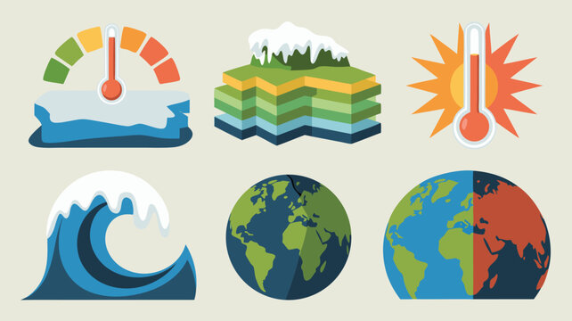 Cartoon Illustration of Global Warming's Effects Melting Ice, Rising Sea Levels, and Earth's Rising Temperature
