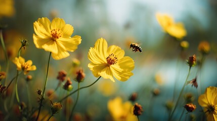 blooming yellow cosmos flowers with bees Vibrant yellow flowers in bloom with a bee hovering nearby, capturing the beauty of nature.