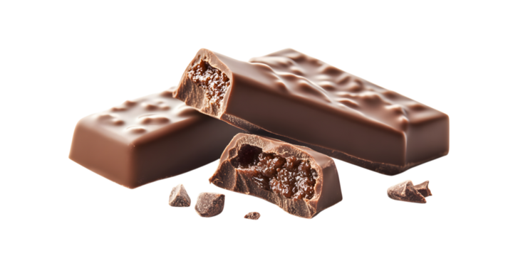Broken dark chocolate bar with filling isolated on transparent background