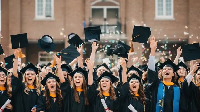 A Celebration of Academic Success: Graduation Ceremony with Cap Toss and Confetti Burst