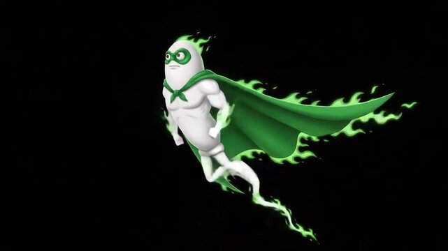 Animated character superhero running sequence with green fiery cape against dark background