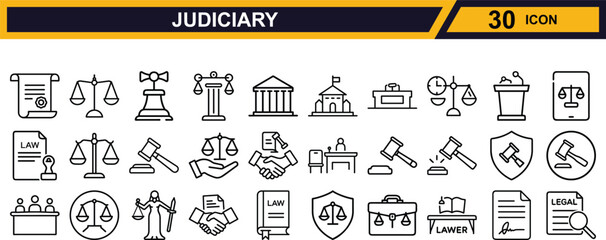 Vector art of collection of judiciary and law icons isolated on white background