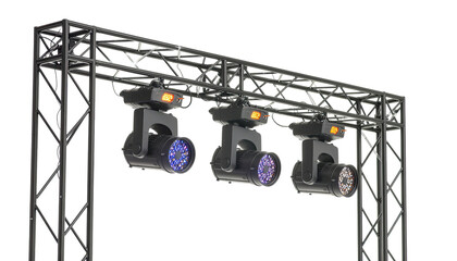 Stage lighting rig with spotlights and fixtures isolated on white background