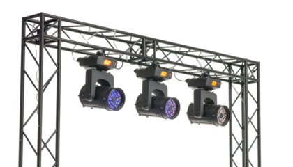 Stage lighting rig with spotlights and fixtures isolated on white background