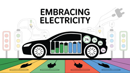 Obraz premium Electric Car Illustration with Colorful Charging Stations, Batteries, and Traffic Lights Image