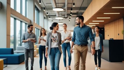 Diverse professionals walking through brightly lit contemporary office space in friendly atmosphere - Powered by Adobe