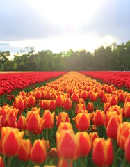 Colorful tulip field stretching into sunlight