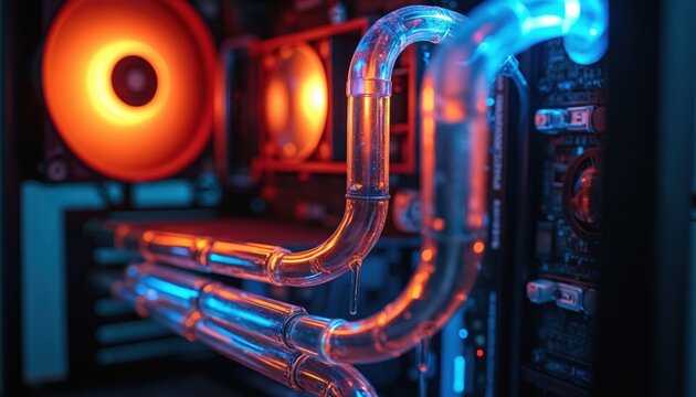 Custom PC close-up vibrant orange, blue illuminated liquid cooling system. Transparent tubes with coolant loop connect advanced computer components. Intricate network enhances performance, featuring