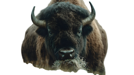 Powerful bison with majestic horns grazes on hay, exuding raw natural strength and wild beauty