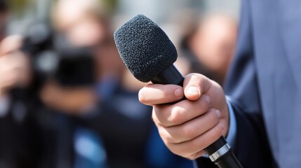 Serious journalist holding microphone interviewing politician in formal setting,reporter covering political event with press background, media, news, communication, politics, audience, speech