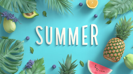 Summer fruits and leaves on blue background