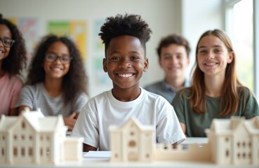 Diverse middle school students collaborate on building project, smiling, focused. Young learners engage in teamwork, creative design in bright classroom setting, fostering optimism, togetherness.