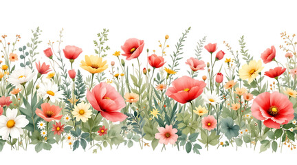 Watercolor Wildflower Meadow Border on Transparent Background

