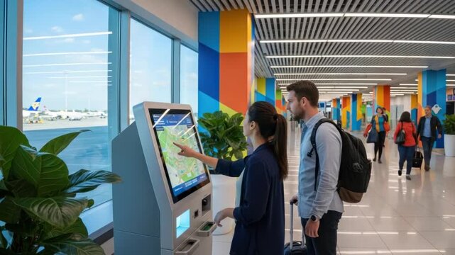 Modern Airport Terminal with Travelers Using Interactive Wayfinding Technology for Flight
