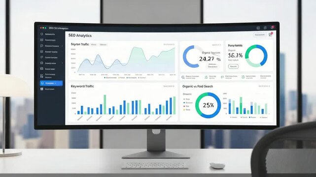 Modern SEO Analytics Dashboard on Multiple Monitors Showing Growth Metrics for Business