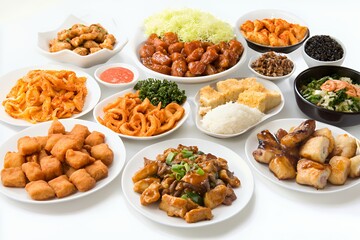 Fototapeta premium A vibrant spread of diverse Asian dishes on white plates reflecting a festive mood.