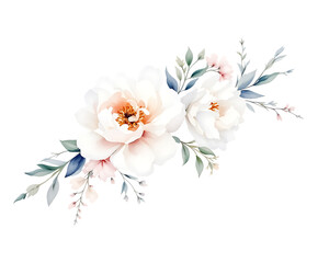 Fototapeta premium Watercolor floral bouquet with white and cream peonies, isolated on transparent background.