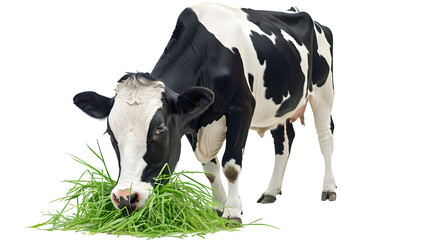 Dairy cow grazing peacefully on fresh green grass against a clean, isolated backdrop