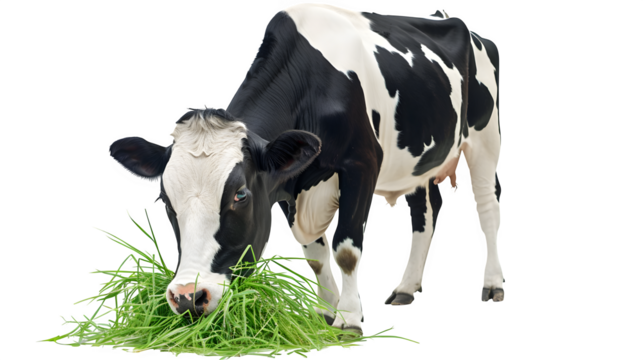 Dairy cow grazing peacefully on fresh green grass against a clean, isolated backdrop