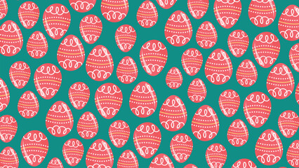 A vibrant pattern of red Easter eggs with white swirls and dotted designs on a teal background.
