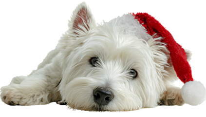 White West Highland terrier with red collar and Santa hat, white background, PNG clipart cutout isolated on a transparent background. 