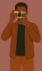 Stylized illustration of a young man photographing with vintage camera