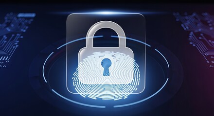 Advanced cybersecurity technology showing a digital padlock and fingerprint scan for secure data protection and privacy access