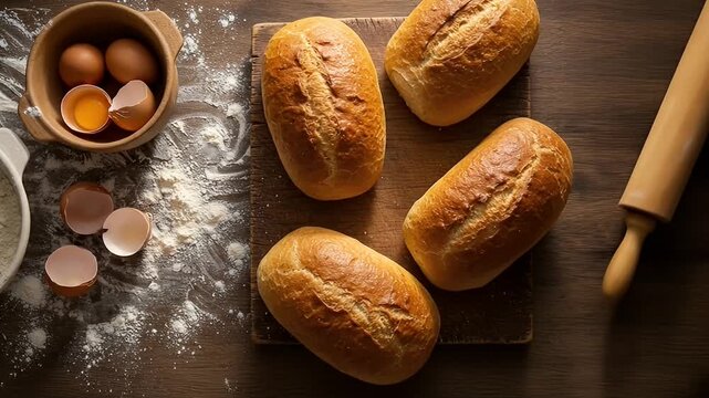 Overhead shot of bread rolls, flour, and eggs on a wooden surface with warm lighting