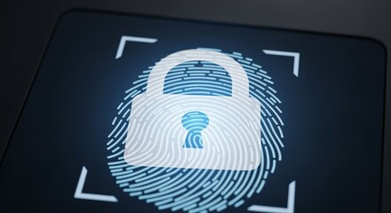 Cybersecurity concept with a glowing biometric fingerprint scanner for secure digital authentication and personal data privacy