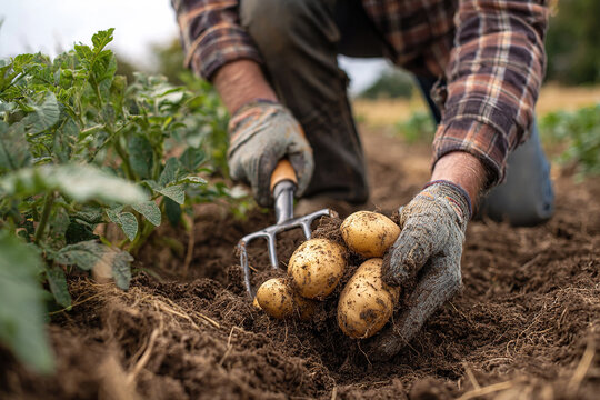 A close up shot of a farmer's gloved hands showing off a pile of fresh raw potatoes currently harvested from a bio and eco farm field.