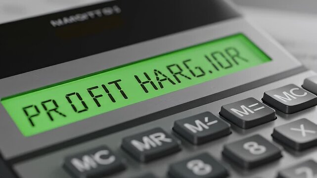 Close-up of a calculator showing "PROFIT HARGA.IOR" on a glowing green display screen