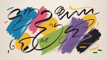 Fototapeta premium Abstract modern background in a playful hand-painted style with bright brush and marker strokes, irregular colored shapes mixed with expressive squiggles, curls, and patterns.