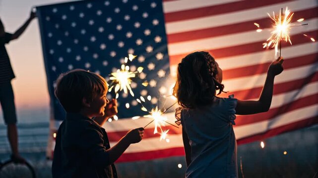 Kids celebrating 4th of July. Kid sparkler American flag celebration patriotic evening outdoor joyful holiday summer fun, children holding sparklers