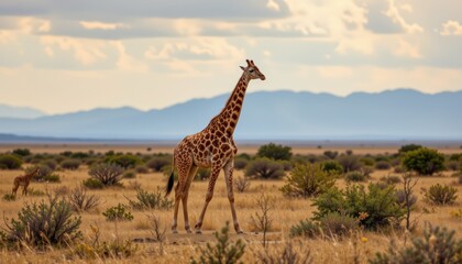 Obraz premium Serene giraffe photographed in a browsing pose in an open savanna with scattered shrubs and soft clo
