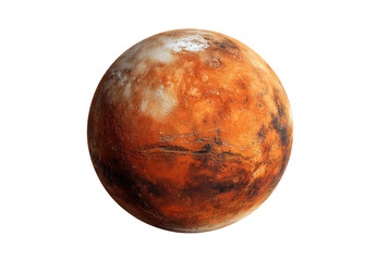 Close-up view of a planet, reddish-orange in color, with variations in shades of orange and light beige.  Visible surface features