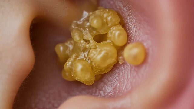 Close-up of a human ear canal filled with a cluster of yellow earwax buildup