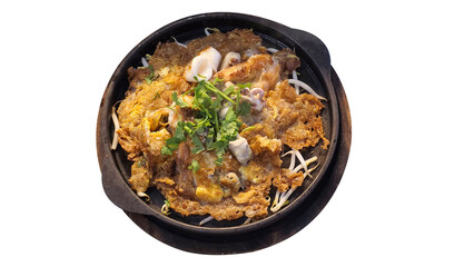 Crispy Seafood Pancake or Crispy fried seafood omelette on hot plate