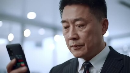Businessman in a suit checking smartphone notifications in a modern office environment - Powered by Adobe